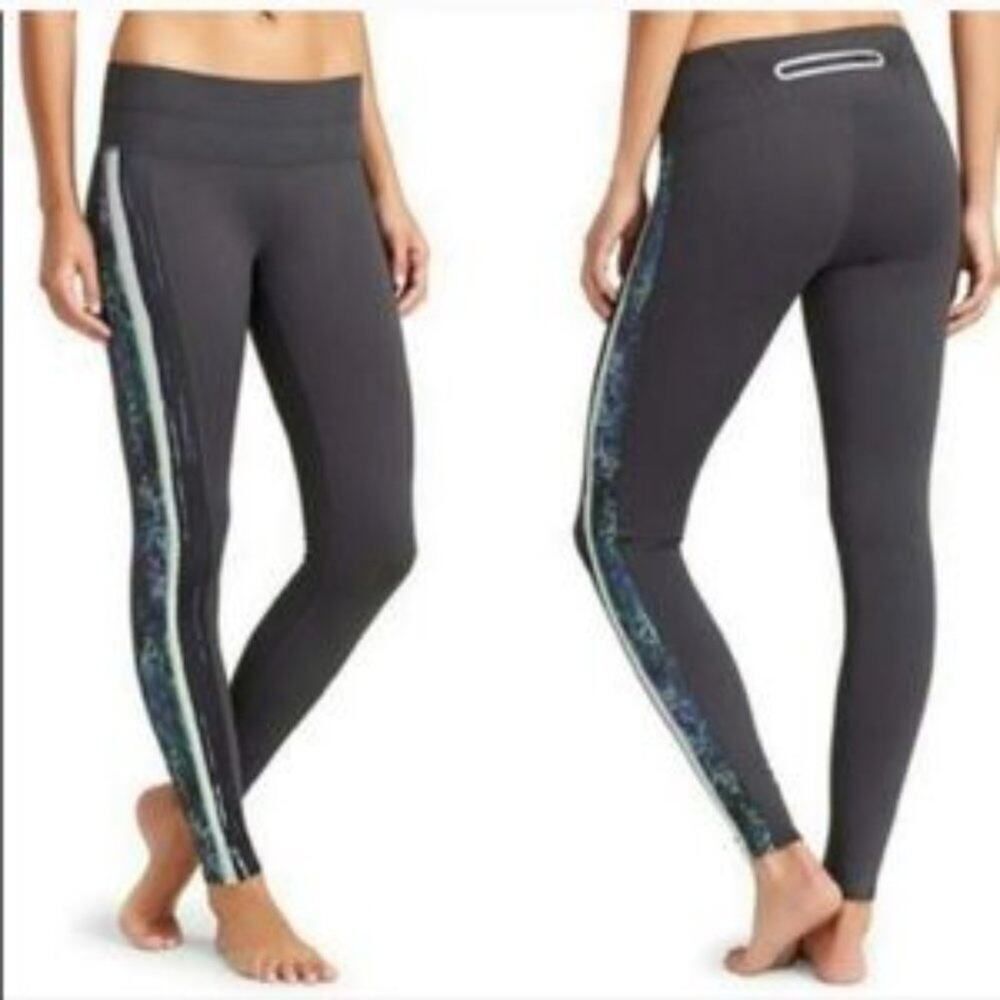 Athleta Swipe Sonar Tight Gray + Multicolor Stripe Side Panels Size Small